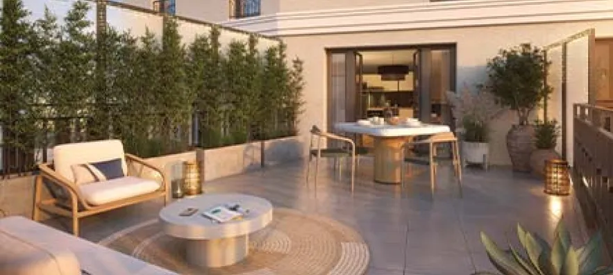 Perspective 3D de la terrasse d'un appartement de la résidence Carré Victor à Saint Mandé