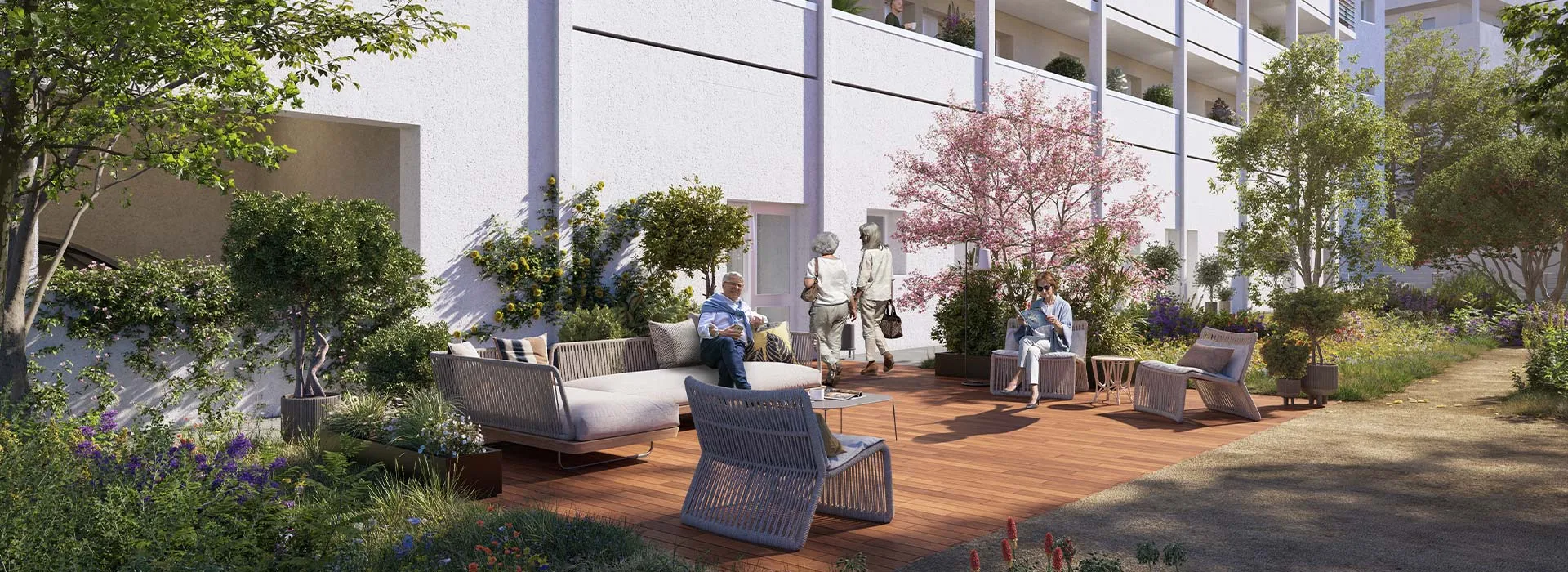 Visuel 3D de la terrasse partagée de la résidence Serenly La Rochelle