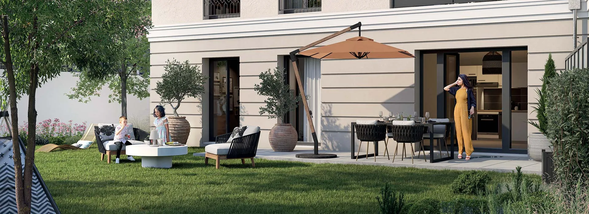 Perspective 3D du jardin d'un appartement de la résidence Carré Victor à Saint Mandé
