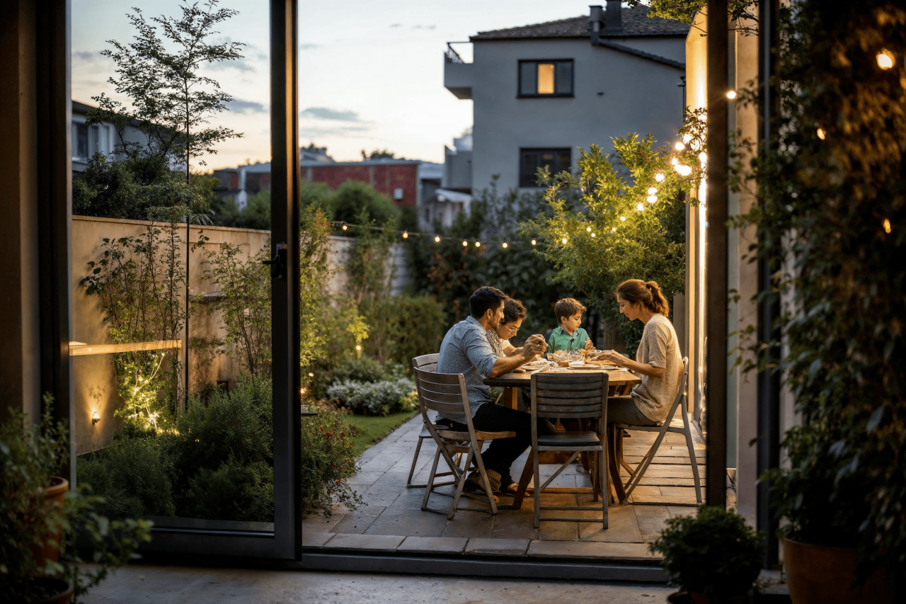 Famille qui dîne sur la terrasse de son logement LP Promotion