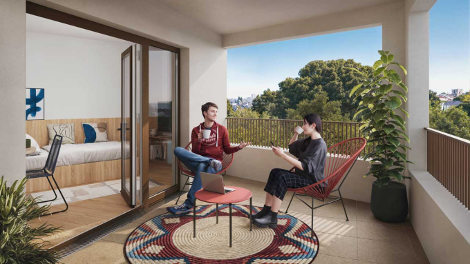 Vue 3D d'une terrasse de la résidence Studently Nantes