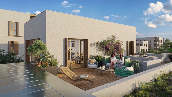 Perspective 3D d'une terrasse d'un appartement - Seeko