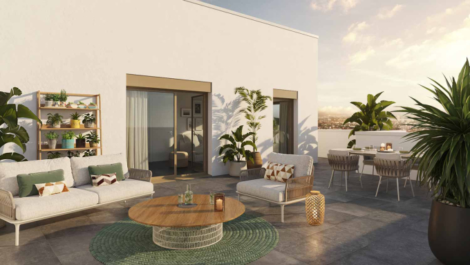 Perspective 3D d'une terrasse du programme L'Instant à Vénissieux