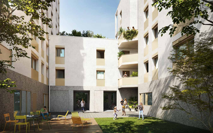 Perspective 3D des espaces communs du programme L'Instant à Vénissieux