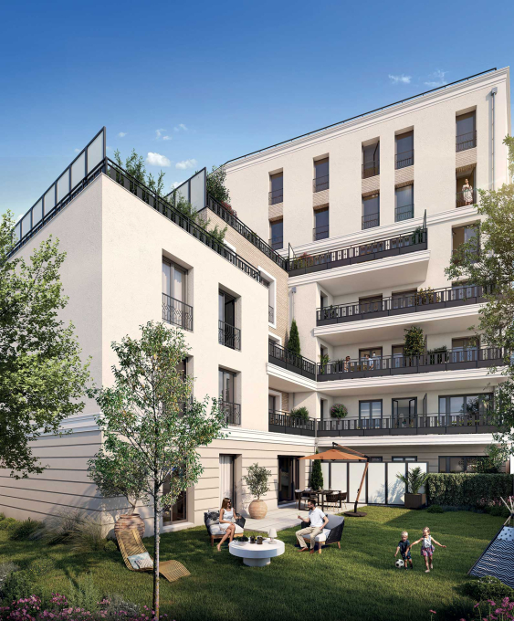 Perspective 3D du jardin d'un appartement de la résidence Carré Victor à Saint Mandé
