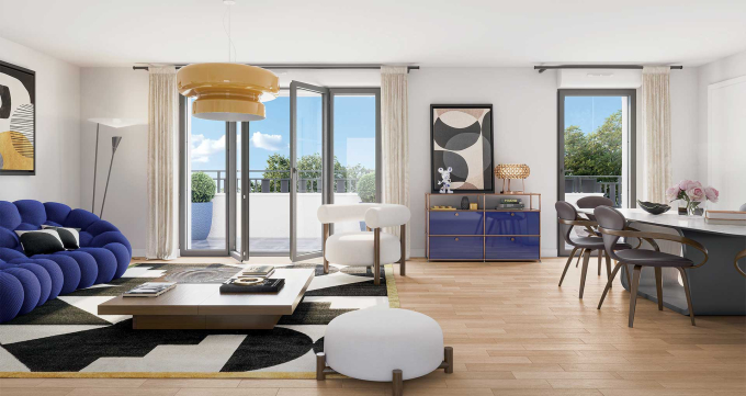 Perspective 3D interieure d'un appartement de la résidence Carré Victor à Saint Mandé