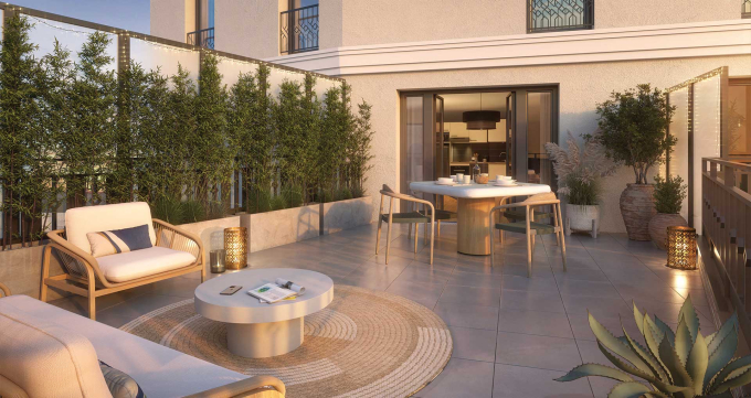 Perspective 3D de la terrasse d'un appartement de la résidence Carré Victor à Saint Mandé