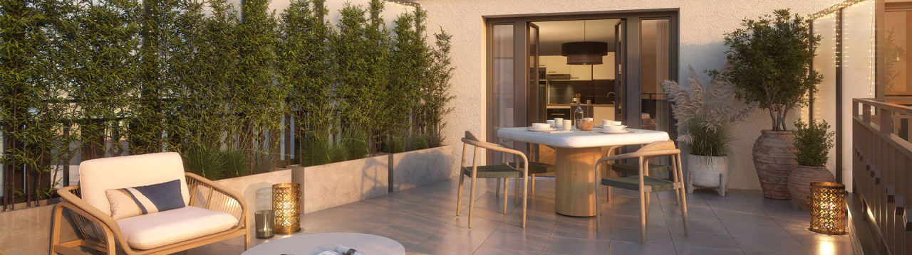 Perspective 3D de la terrasse d'un appartement de la résidence Carré Victor à Saint Mandé