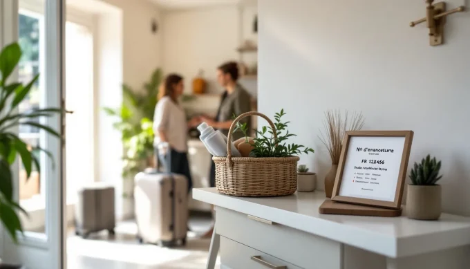 Intérieur d’un appartement meublé moderne avec plaque du numéro d’enregistrement visible, dossier de conformité, tablette affichant un calendrier de réservation et une valise — illustration des obligations Airbnb 2025.