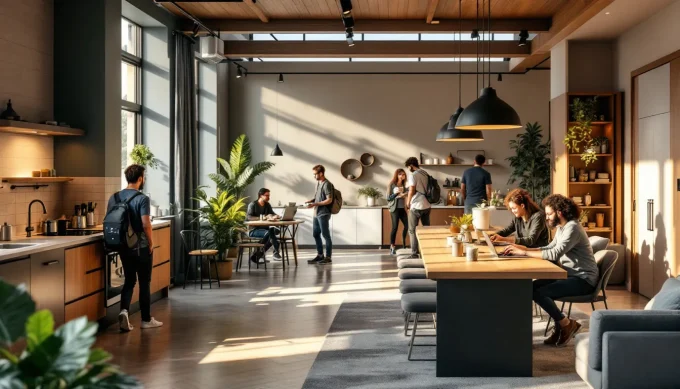 Coliving jeunes actifs — espace commun convivial dans une résidence neuve, coworking et kitchenette partagée