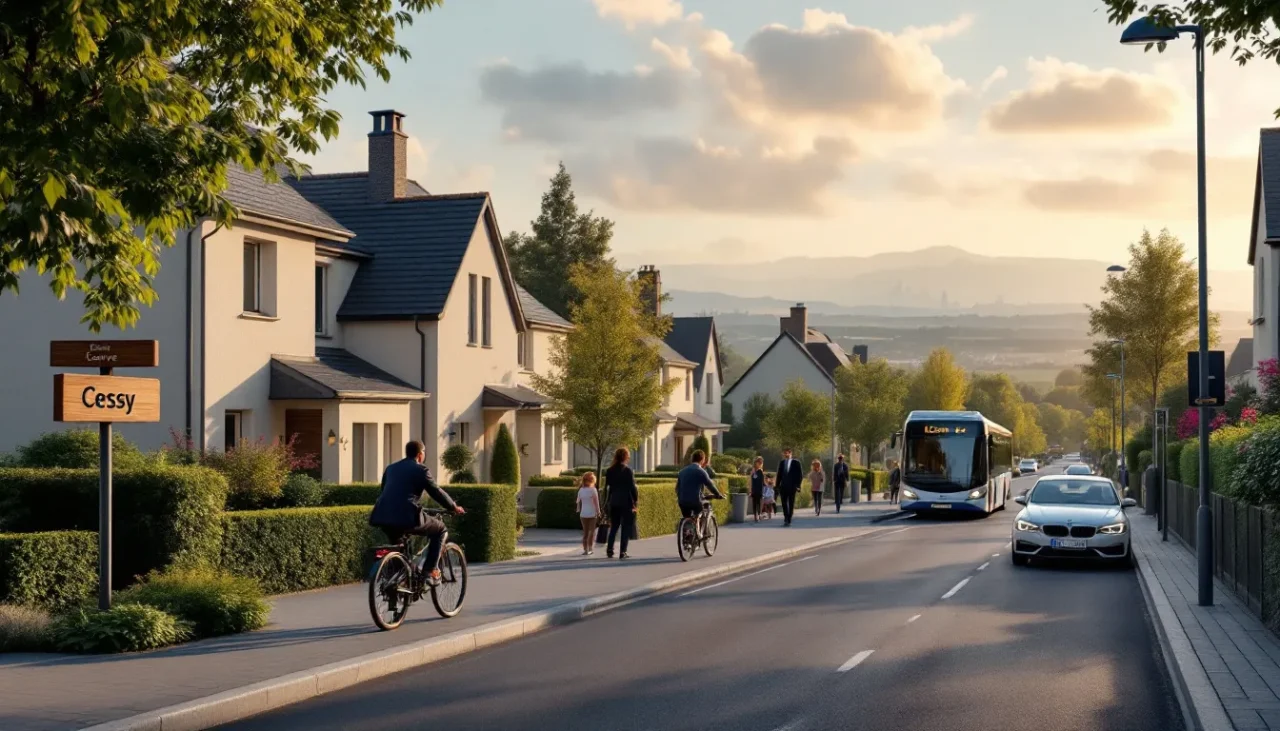 Cessy village street with modern villas and commuters heading to Geneva, golden hour