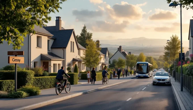 Cessy village street with modern villas and commuters heading to Geneva, golden hour