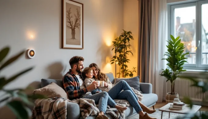 Salon chaleureux d'un logement neuf éco-responsable avec une famille, thermostat affichant 19 °C et éclairage LED basse consommation