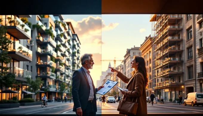 Comparatif immobilier neuf vs ancien — immeuble neuf moderne à gauche, bâtiment ancien en rénovation à droite, investisseur consultant des plans au premier plan