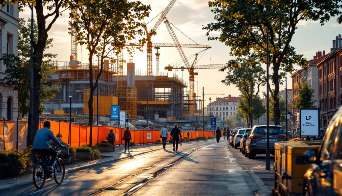 Chantier de la ligne C Toulouse Aerospace Express en arrière‑plan, parvis et trottoir animés en premier plan