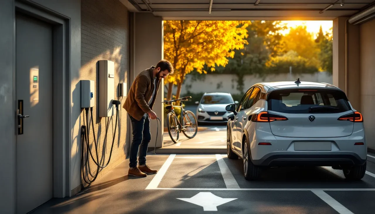 Borne de recharge en copropriété : copropriétaire branchant une voiture électrique dans un parking d'immeuble, ambiance chaleureuse et pratique