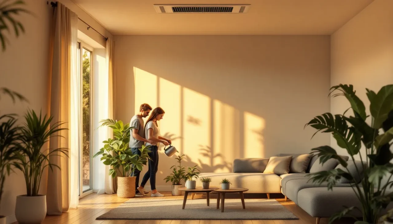 Intérieur lumineux d'un logement neuf avec VMC visible, plantes dépolluantes et occupants aérant la pièce