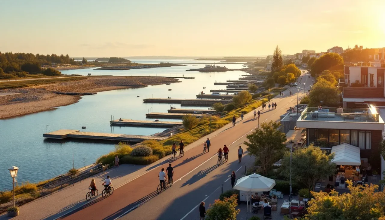 Panorama du Bassin d'Arcachon : ports ostréicoles, pinède et résidences à La Teste et Gujan, habitants en promenade