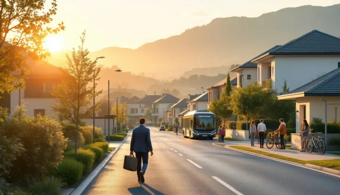 Vue résidentielle à Cessy au coucher du soleil : villas contemporaines, habitants et frontaliers en mobilité vers Genève