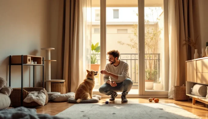 Salon d'appartement chaleureux avec coin animal aménagé, propriétaire jouant avec son chien près du balcon sécurisé