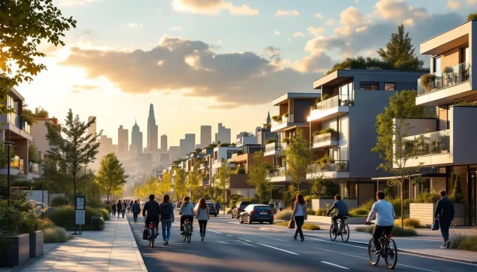 Vue urbaine panoramique : résidences neuves et navetteurs entre Argenteuil et Sartrouville avec la skyline de La Défense en arrière‑plan