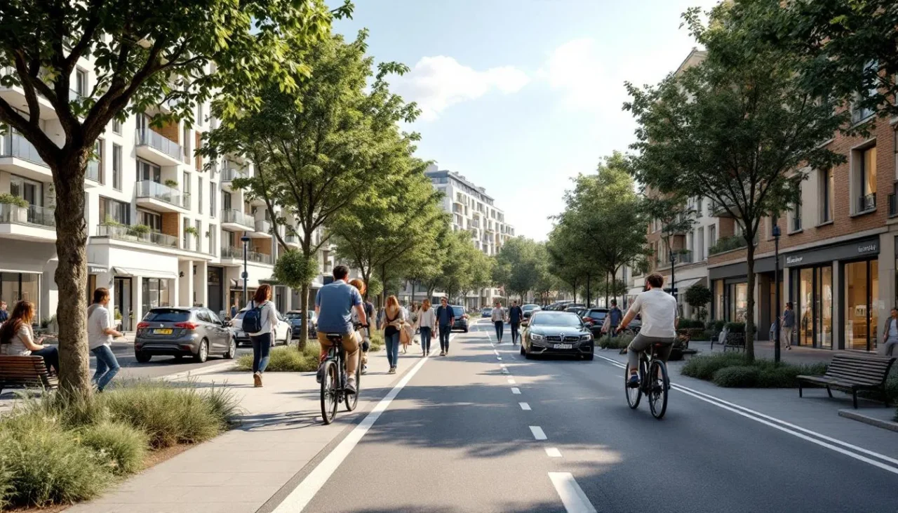 Réaménagement avenue Gabriel‑Péri à Argenteuil : piste cyclable, arbres plantés et façade résidentielle moderne