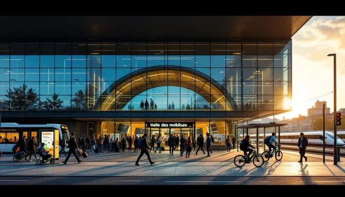 Halle des mobilités Toulouse : espace intermodal animé près de la Gare Matabiau, voyageurs et cyclistes en golden hour