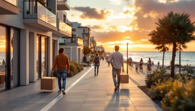 Royan — résidence neuve en bord de mer au coucher de soleil, parvis animé avec primo‑accédants