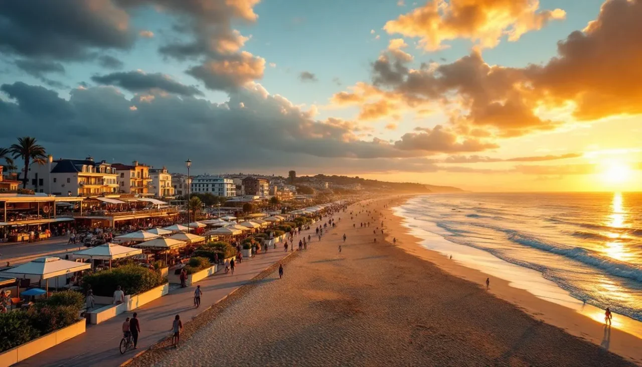 Promenade et plage de Royan au coucher de soleil, terrasses animées et familles en bord d’océan