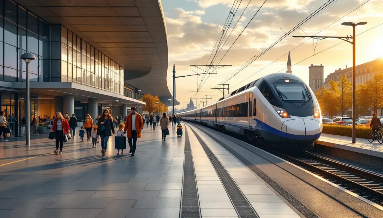 Parvis de gare animé avec TGV en approche, voyageurs et cyclistes symbolisant la liaison Bordeaux–Lyon