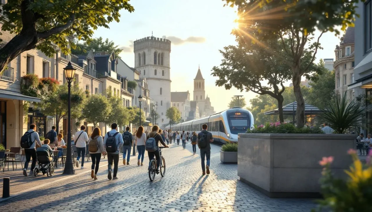 Panoramique d’une ville moyenne du Sud‑Ouest : centre historique, logements neufs et habitants en mouvement