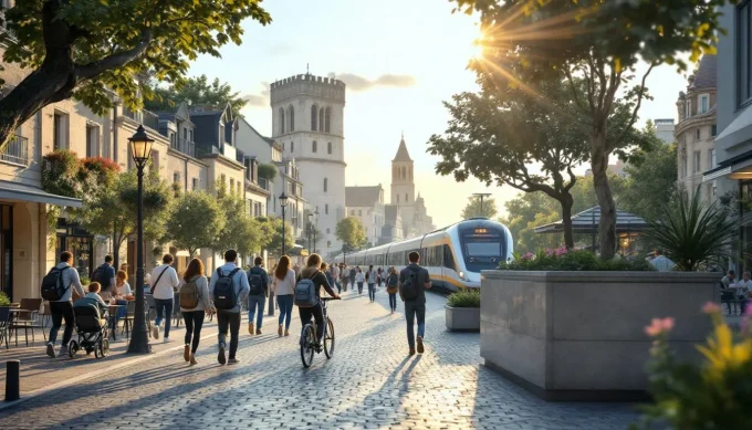 Panoramique d’une ville moyenne du Sud‑Ouest : centre historique, logements neufs et habitants en mouvement