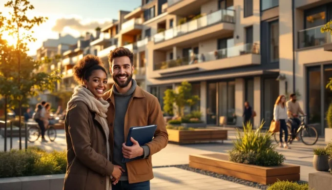 Jeune couple devant une résidence neuve au coucher du soleil, parvis paysager et cycliste en arrière‑plan