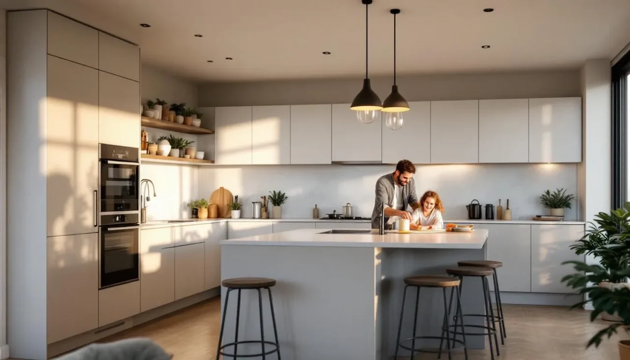 Cuisine semi-ouverte moderne dans un appartement neuf, îlot central avec famille en pleine préparation de repas, ambiance chaleureuse et lumineuse