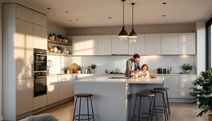 Cuisine semi-ouverte moderne dans un appartement neuf, îlot central avec famille en pleine préparation de repas, ambiance chaleureuse et lumineuse