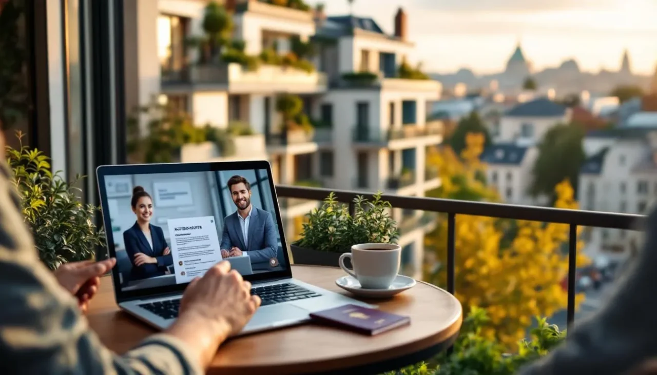 Acheteur à distance en visioconférence sur une terrasse, vue sur résidence neuve française et documents notariaux