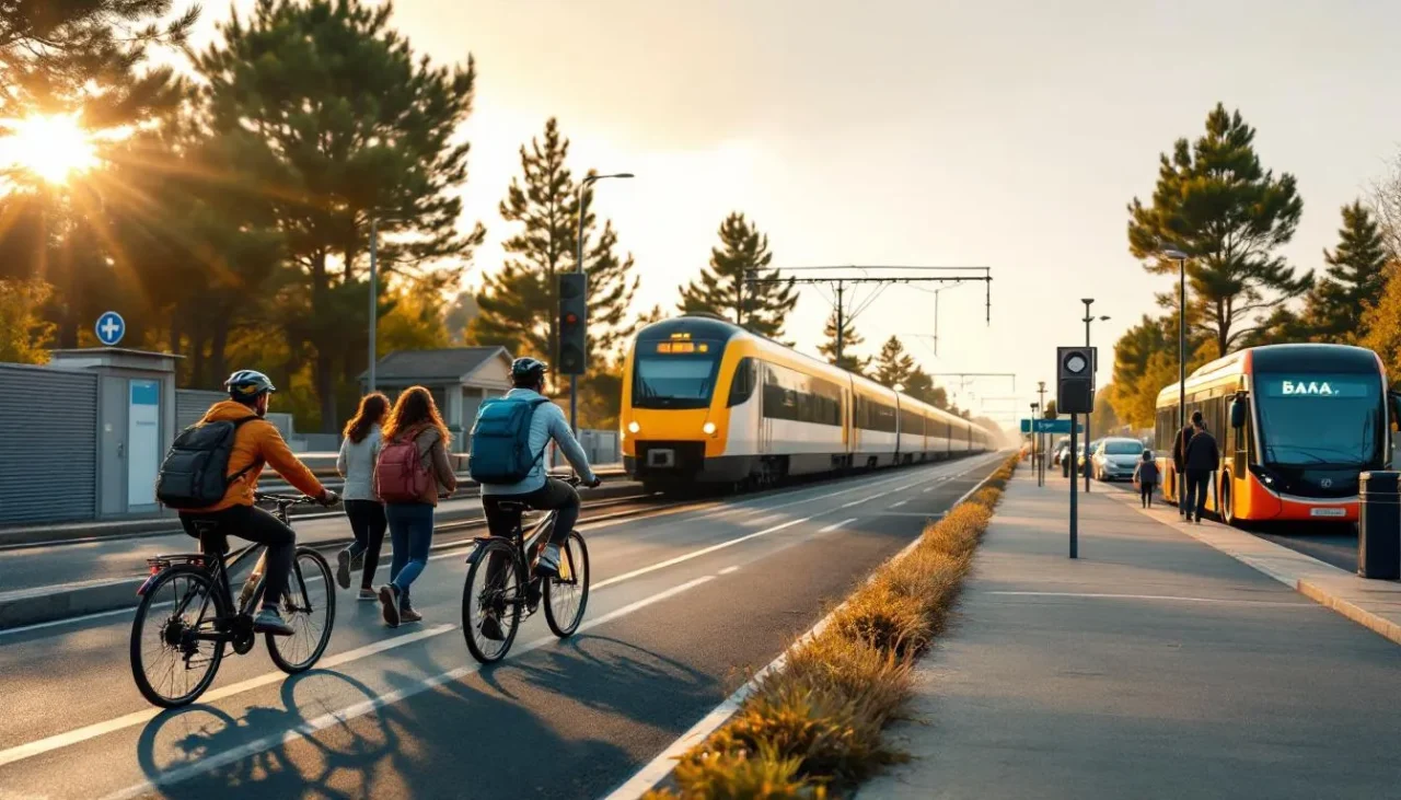 Gare du Teich avec TER, bus Baïa et cyclistes sur piste sécurisée