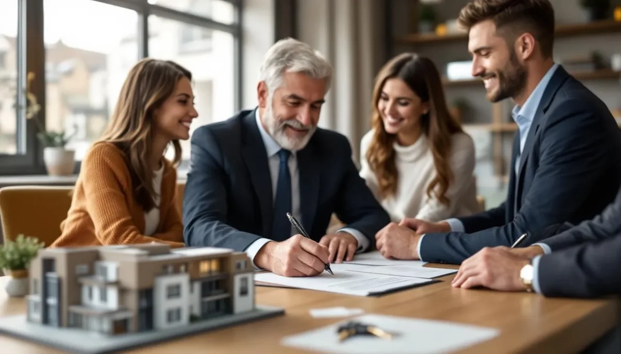 Notaire signant l'acte de vente devant un couple, maquette d'un immeuble neuf et clefs posées sur le contrat