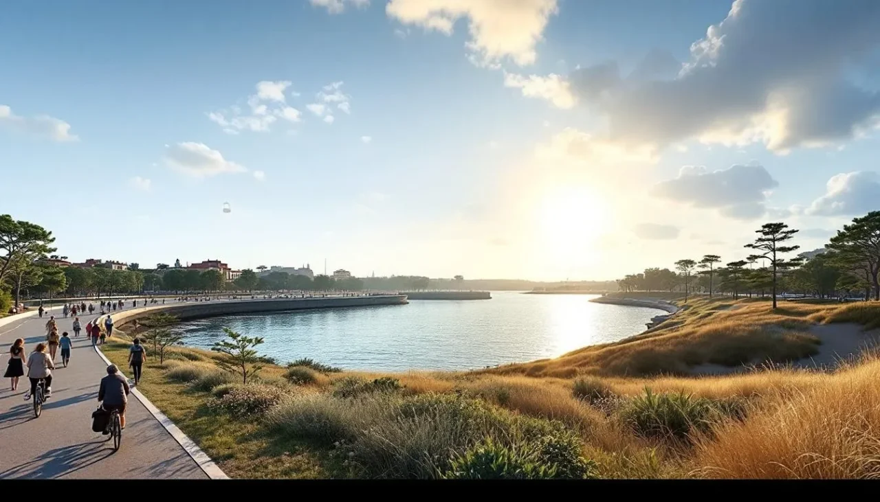 Panorama du Bassin d'Arcachon avec une télécabine conceptuelle au‑dessus du littoral et une promenade animée