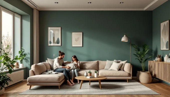 Salon chaleureux 2026 avec color drenching vert fumé, papier peint texturé, sofa velours et touches laiton, ambiance dorée et vie de famille