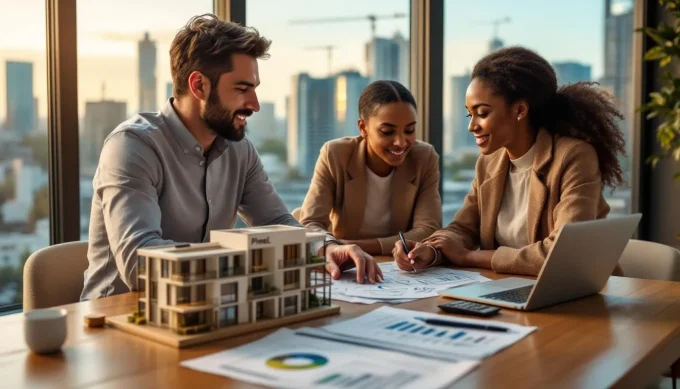 Réunion conseil investissement Pinel vs Jeanbrun : maquette d’immeuble, documents de simulation et conseiller immobilier